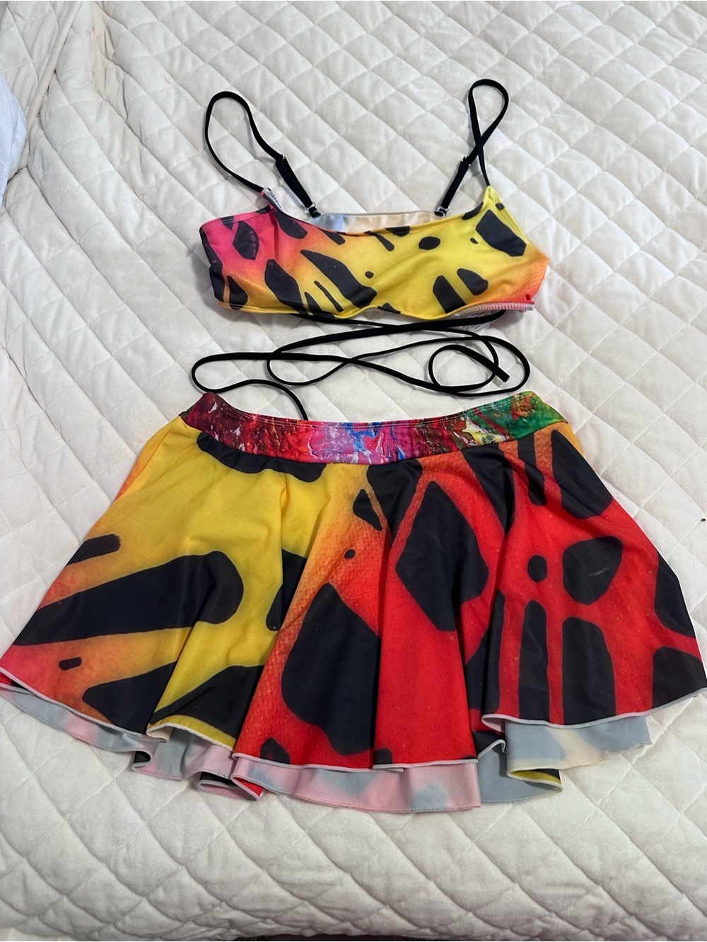 Vibrant Yellow-Red Abstract Two-Piece Rave Set ONE OF A KIND SELF DESIGNED